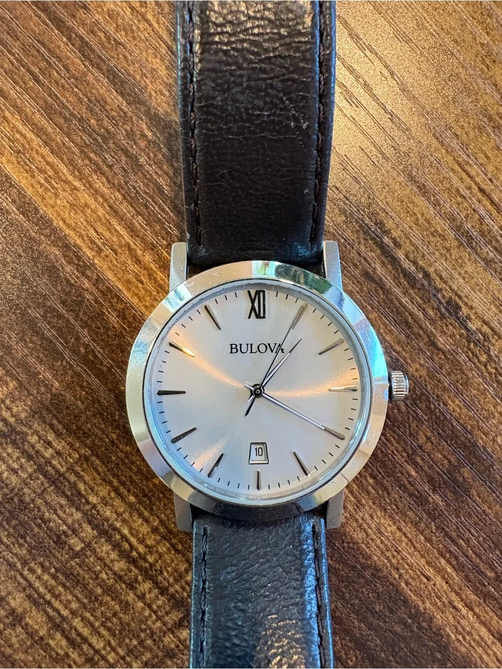 Bulova Silver Dial Watch with Black Leather Strap